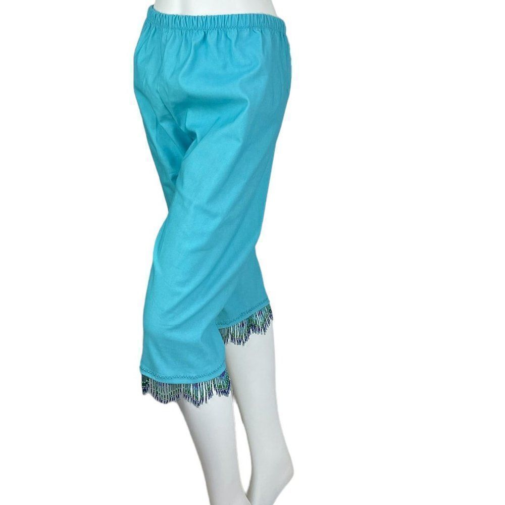 NEW Pat Dahnke Turquoise Blue Capris with Fringed Hem Beading, Size Small